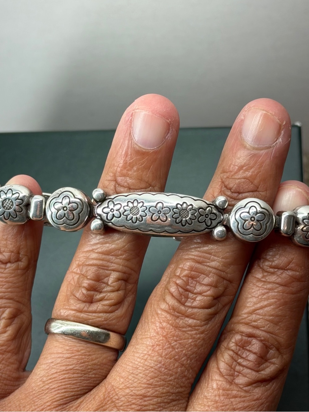 Vintage Brighton Silver Tone Floral Link Bracelet Bohemian Southwestern Chic